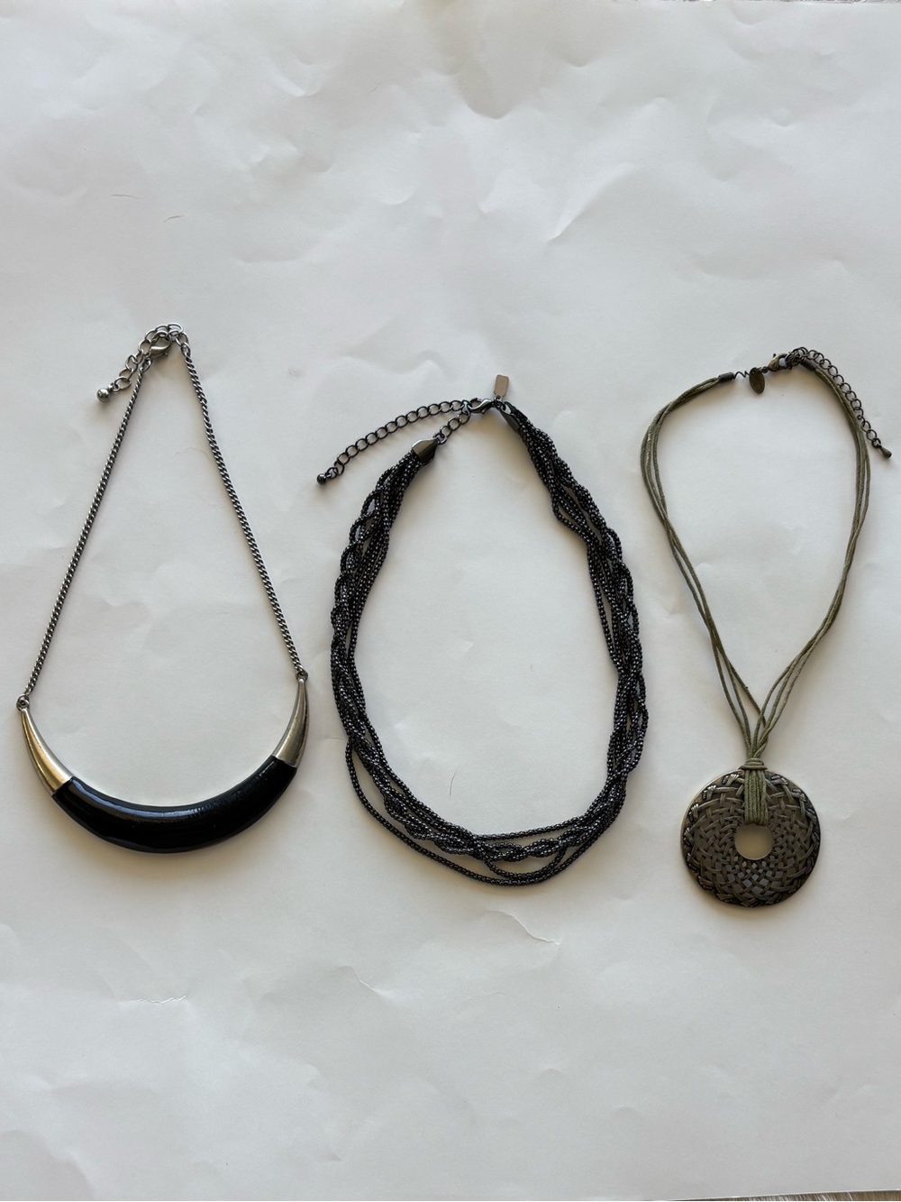Set of Three Women's Black, Silver & Olive Fashion Necklaces